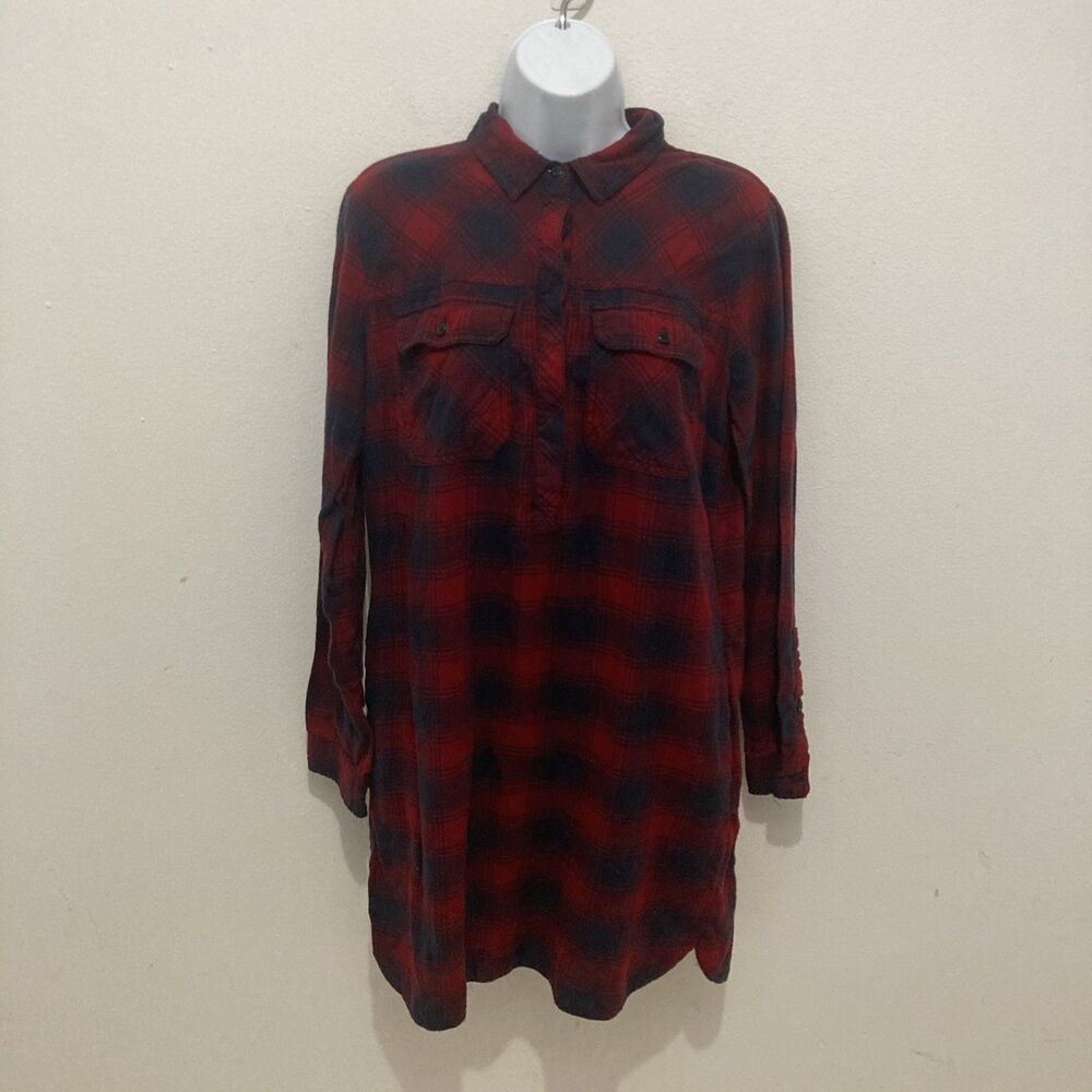 J CREW OUTLET red black plaid long sleeve cotton flannel shirt dress S